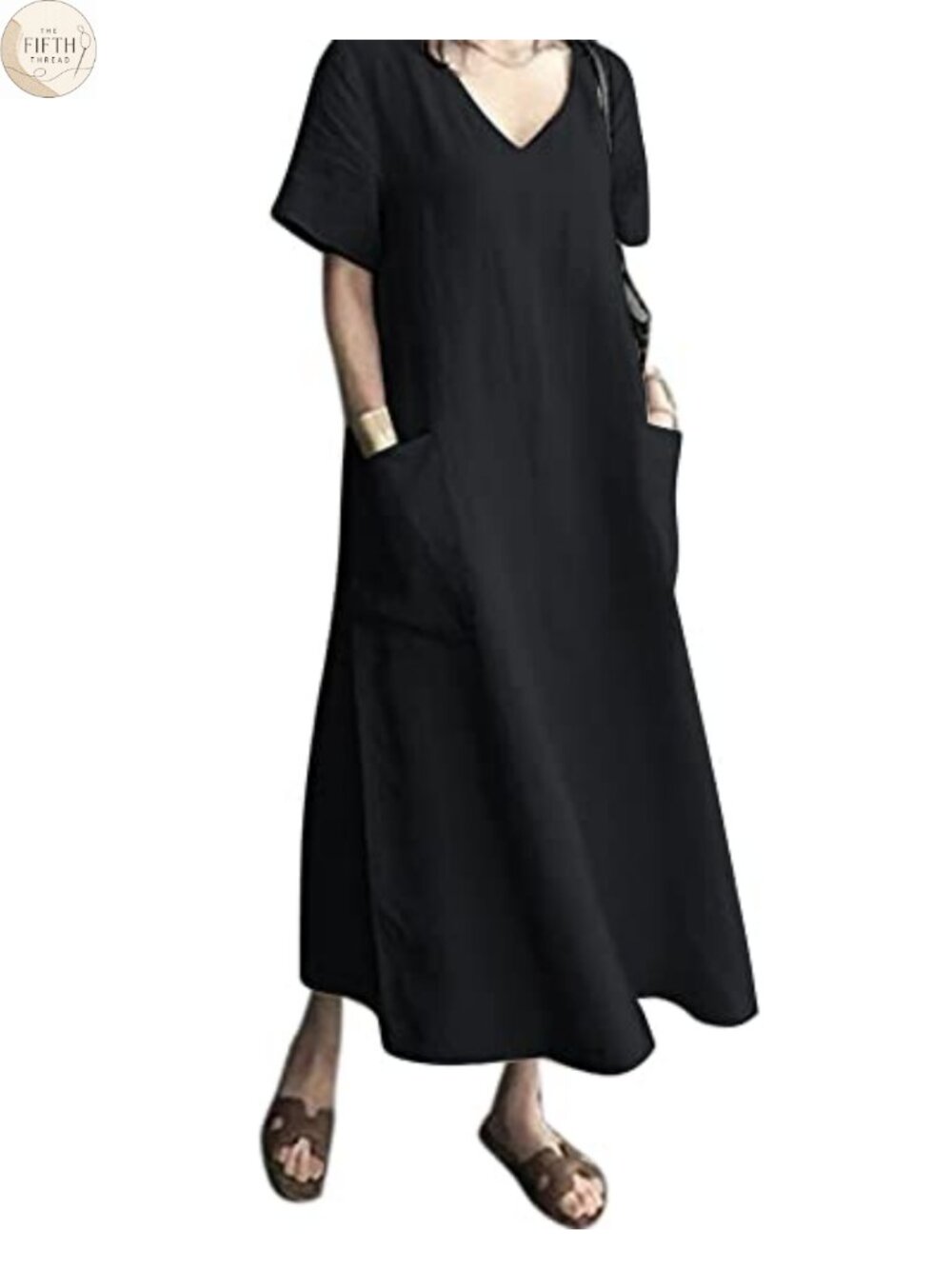 Linen Cotton Kaftan Maxi Dress V Neck Short Sleeve Side Pockets Casual